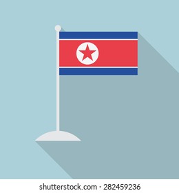 North Korea flag with flagpole flat icon with long shadow. Vector illustration EPS10