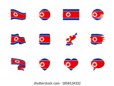 Bandera de Corea del Norte - colección plana. Banderas de diferentes formas doce iconos planos. Conjunto de ilustraciones de vector