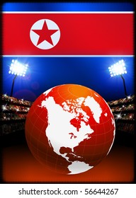 North Korea Flag with Globe on Stadium Background Original Illustration