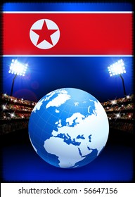 North Korea Flag with Globe on Stadium Background Original Illustration