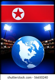 Nordkorea-Flagge mit Globe auf Stadionhintergrund - Originalillustration
