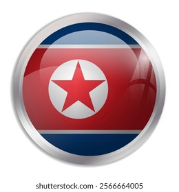 North Korea flag - glossy circle button displays a colorful flag representing a country cultural identity and heritage. The essence of national pride and unity.