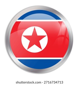 North Korea flag - glossy circle button in metal frame displays a colorful flag of a country cultural identity and heritage. The essence of national pride and unity.