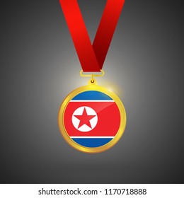 North Korea Flag in gold Medal, Golden Badge, Sport Game Golden Challenge Award. Vector Illustration.