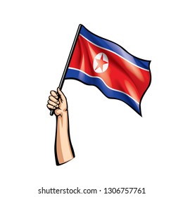 North Korea flag and hand on white background. Vector illustration