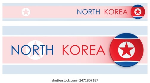 Anuncio de Web Horizontal con bandera de Corea del Norte en estilo moderno de neomorfismo. Página web Botón de cabecera de país de la RPDC para aplicación móvil o sitio de Internet. Vector