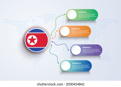 North Korea Flag with Infographic Design isolated on Dot World map. Vector illustration.