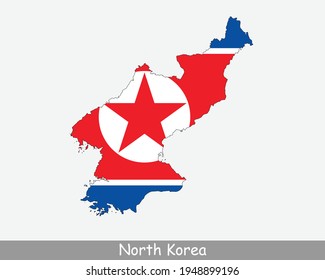 Mapa de la bandera de Corea del Norte. Mapa de la República Popular Democrática de Corea con la bandera nacional de Corea del Norte aislada de fondo blanco. Ilustración vectorial.