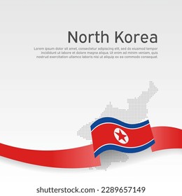 Bandera de corea del Norte, mapa de fondo blanco. Diseño de folletos vectores. Bandera de la República Popular Democrática de Corea. RPDC. Cinta ondulada con pancarta norcoreana. Cartel nacional, portada. Banner patriótico, volante