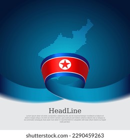 North korea flag and map on white background. Democratic People Republic of Korea flag. DPRK. Vector brochure design. Wavy ribbon with north korean banner. National poster. Patriotic banner, flyer