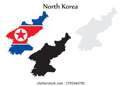 La bandera de Corea del Norte y el mapa dan forma a color negro y gris. EPS.file.