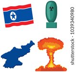North Korea flag, nuclear weapon, map and nuclear explosion