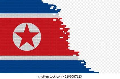 North Korea flag on broken brick wall. Empty flag field of another country. Country comparison. Easy editing and vector in groups.