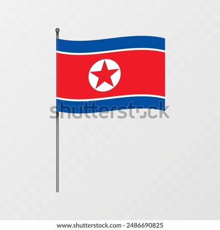 North Korea flag on flagpole. Vector illustration.