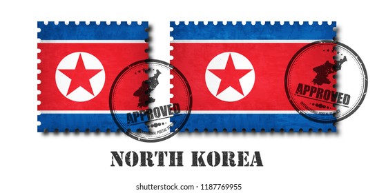 North korea flag pattern postage stamp with grunge old scratch texture and affix a seal on isolated background . Black color country name with abrasion . Square and rectangle shape . Vector .