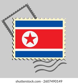 North Korea flag postage stamp. Isolated vector illustration on grey post stamp background