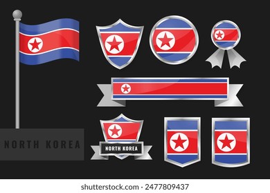 North Korea flag set. Collection of North Korea national emblems. Flat design of flags collection.