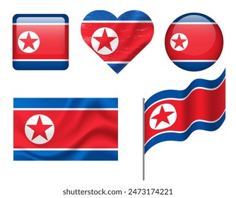 North Korea flag set of icons. Vector flag of North Korea symbol. Set of korean flags button, waved, heart.