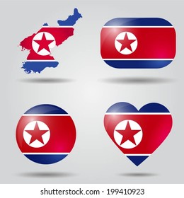 North Korea flag set in map, oval, circular and heart shape.