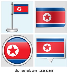 North Korea flag - set of various sticker, button, label and flagstaff