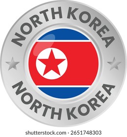 North Korea flag in silver colored medal. National flag in metal circle emblem.