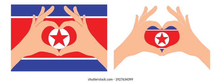 North Korea flag. Two hands in the form of a heart with flag of North Korea 