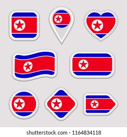 North Korea flag vector set. North Korean flags stickers collection. Isolated geometric icons. DPRK national symbol badge. Web, sport page, patriotic, travel, school design elements. Different shapes