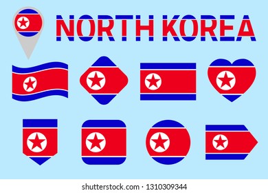 North Korea flag vector set. Geometric shapes. Flat style. DPRK natioanl symbols collection. sports, national, travel, geographic, patriotic, design elements. isolated icons with state name