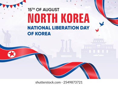 Nordkorea-Flagge auf Skyline-Hintergrund. National Liberation Day of Korea Concept Design Vektor Illustration.