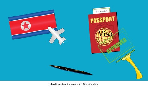 North Korea flag with white plane icon. Passport with visa approved stamp. Black stylish Pen. North Korean Travel poster. Editable vector EPS available