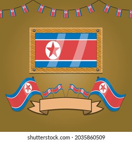 North Korea Flags On Frame Wood, Label, Simple Gradient and Vector Illustration
