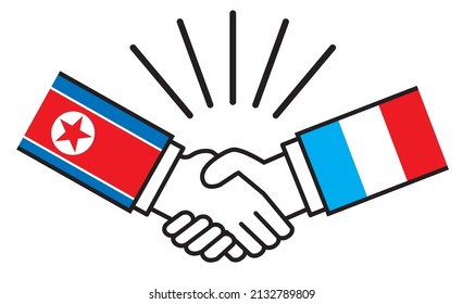 Corea del Norte y Francia, manos con la bandera nacional dan la mano. Ilustraciones de guerras, conflictos, alianzas, reconciliaciones, acuerdos entre naciones, íconos.