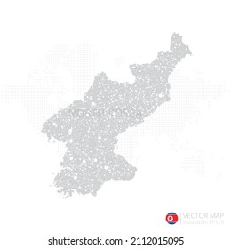 Mapa gris de Corea del Norte aislado en fondo blanco con línea de malla abstracta y escalas puntuales. Ilustración vectorial eps 10