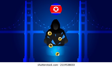 North Korea hackers stole of cryptocurrency. Hackers, hacked of cryptocurrency exchange bridge. Broken bridge, North Korea flag, hacker and 3d gold coins on the blue glowing background.