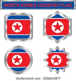 North korea icon flag round, hexagon, twelfth and square. Stainless frame. Vector illustration