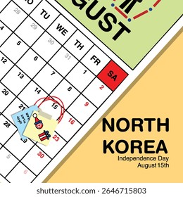 North Korea Independence Day reminder on August 15th in a wall calendar with illustrative people wearing the nation's traditional attire.