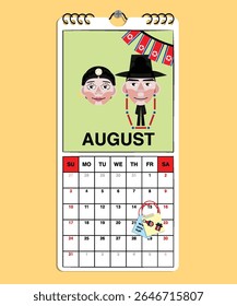 North Korea Independence Day reminder on August 15th in a wall calendar with illustrative people wearing the nation's traditional attire.