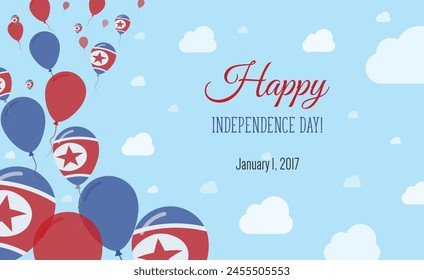 North Korea Independence Day Sparkling Patriotic Poster. Row of Balloons in Colors of the North Korean Flag. Greeting Card with National Flags, Blue Skyes and Clouds.