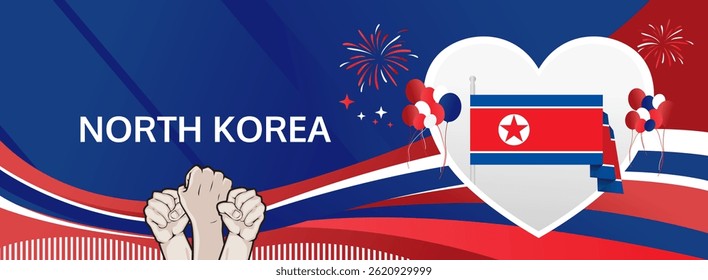 North Korea Independence and Liberation Day banner. 15 August Happy National Day. Festive horizontal templates in flag colors, great for carnival event, greeting card, poster, and holiday sale