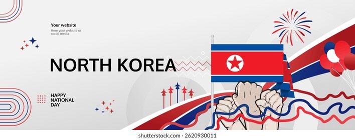 North Korea Independence and Liberation Day banner. 15 August Happy National Day. Festive horizontal templates in flag colors, great for carnival event, greeting card, poster, and holiday sale
