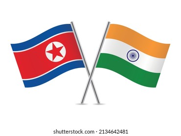 North Korea and India crossed flags. North Korean and Indian flags on white background. Vector icon set. Vector illustration.
