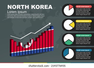 North Korea infographic with 3D bar and pie chart, increasing values, North Korea country flag on 3D bar graph, ups and downs data, presentation graphic idea, developing country