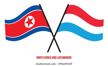 North Korea and Luxembourg Flags Crossed And Waving Flat Style. Official Proportion. Correct Colors.