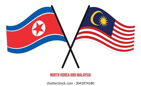 North Korea and Malaysia Flags Crossed And Waving Flat Style. Official Proportion. Correct Colors.