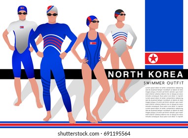 North Korea : Male and Female Swimmers : Swimmers in National Swimsuits : Vector Illustration