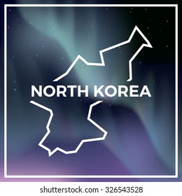 North Korea map against the backdrop of polar lights on the starry sky. Aurora borealis abstract vector background. EPS10 contains transparency, mesh gradients used.