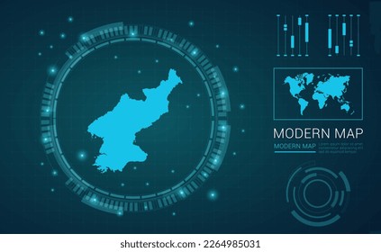 Mapa de Corea del Norte del marco digital azul Futuritic Sci Fi Modern User vector HUD, GUI, interfaz de interfaz de usuario.