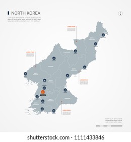 North Korea map with borders, cities, capital Pyongyang and administrative divisions. Infographic vector map. Editable layers clearly labeled.