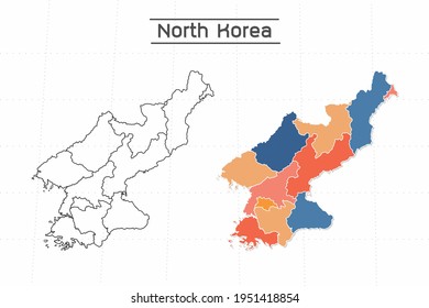 North Korea map city vector divided by colorful outline simplicity style. Have 2 versions, black thin line version and colorful version. Both map were on the white background.