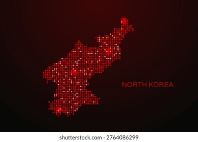 North Korea Map - Digital dotted map with glowing red points on dark background, modern technology style, abstract data network design, clean minimal vector illustration.